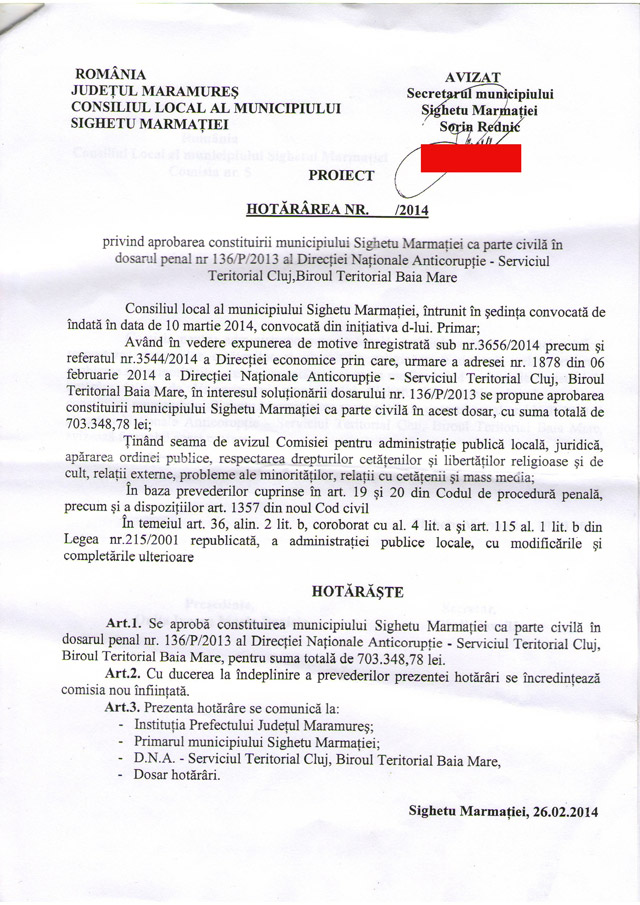 EXCLUSIV SIGHET 247 – Documentele în original prina care Consiliul local Sighet se constituie parte civilă în dosarul Parcometrele împotriva lui Ovidiu Nemeș