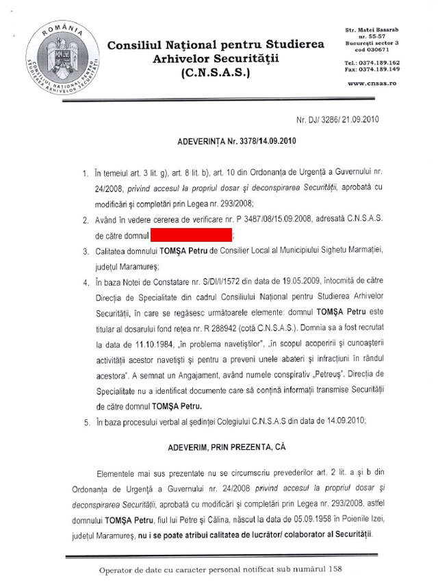 Documentul oficial care demonstrează că Tomșa Petru, consilier local și co-președinte al PNL Sighet, a fost racolat ca INFORMATOR AL SECURITĂȚII