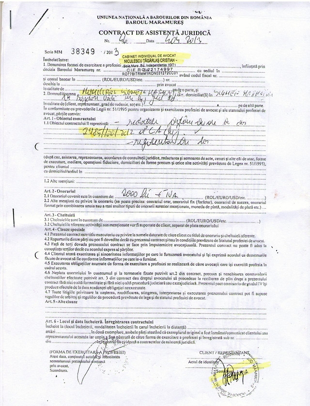 Contractul în original dintre Primărie și avocatul Țâgârlaș, pentru care Ovidiu Nemeș a fost trimis în judecată în dosarul Avocații